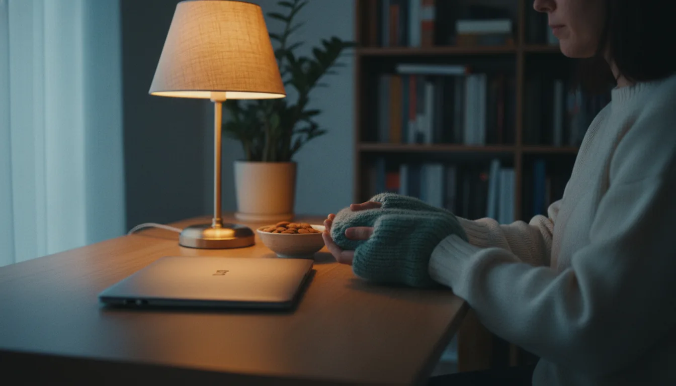 A warm, modern desk representing voice typing as an RSI-friendly alternative for office work