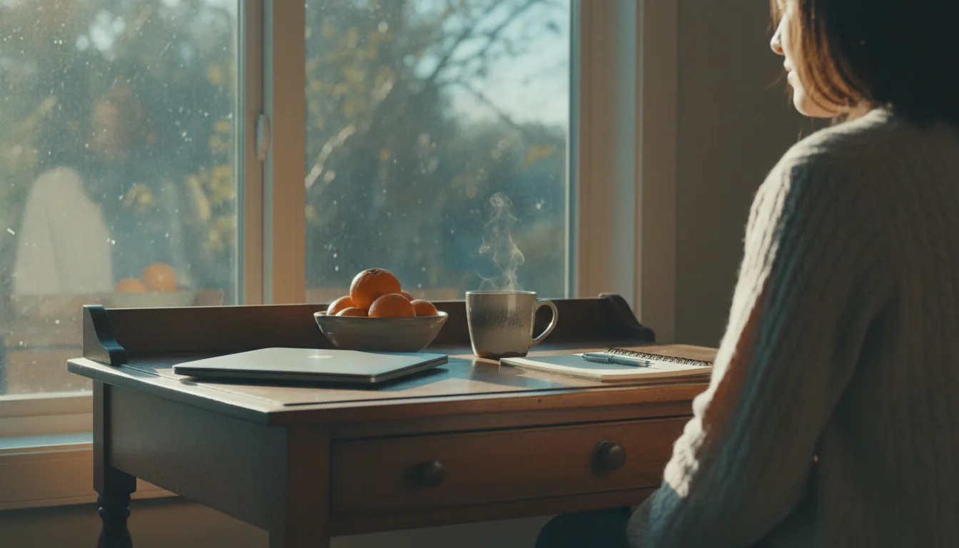 A warm, restful workspace representing voice typing as an alternative for someone with MS