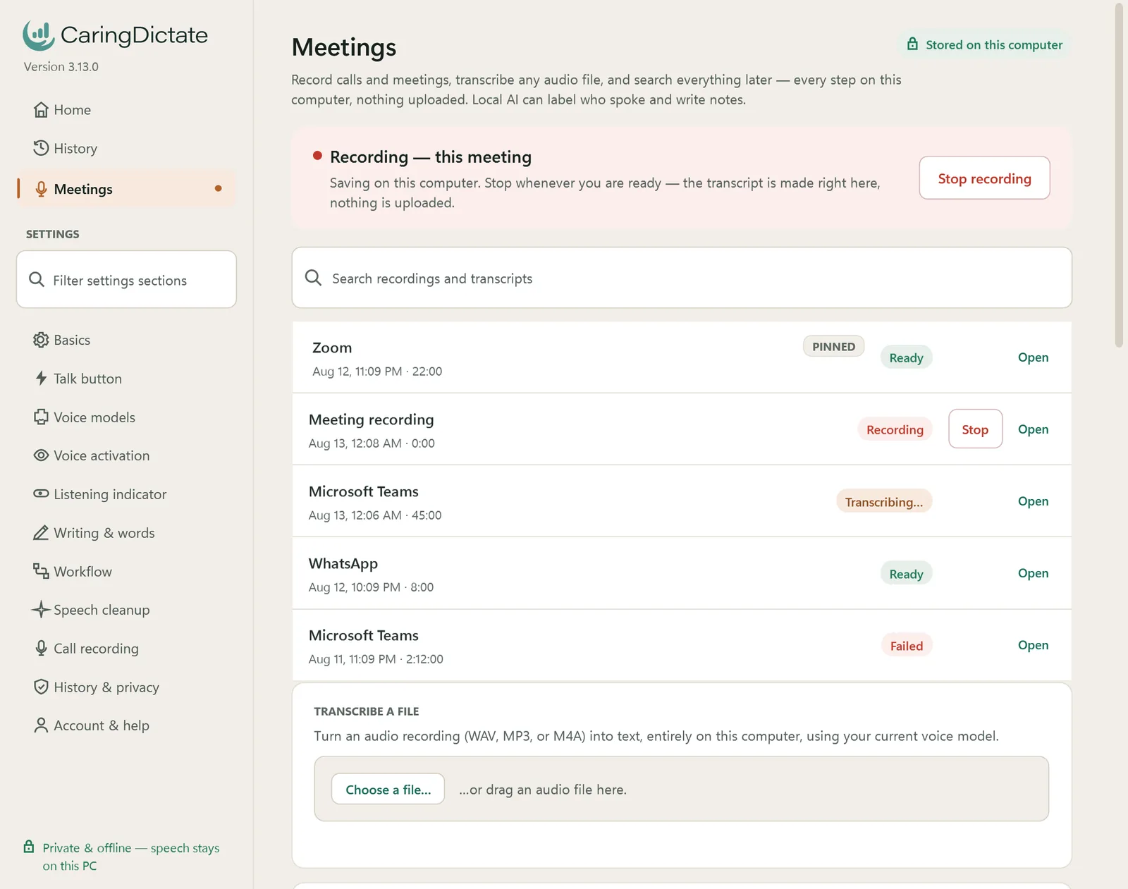 CaringDictate showing an active recording with a red indicator and a Stop recording button