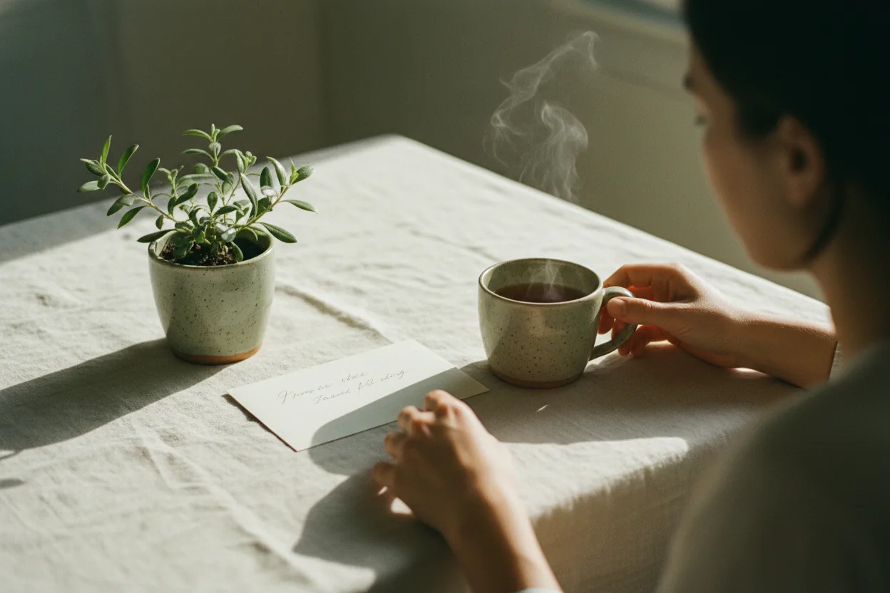 A handwritten promise card on a warm cream linen tablecloth next to a plant and a steaming mug of tea